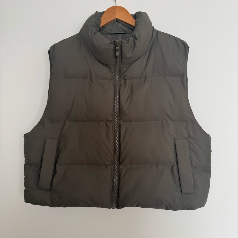 Zara Stylish Puffer Vest in Olive Green/light brown